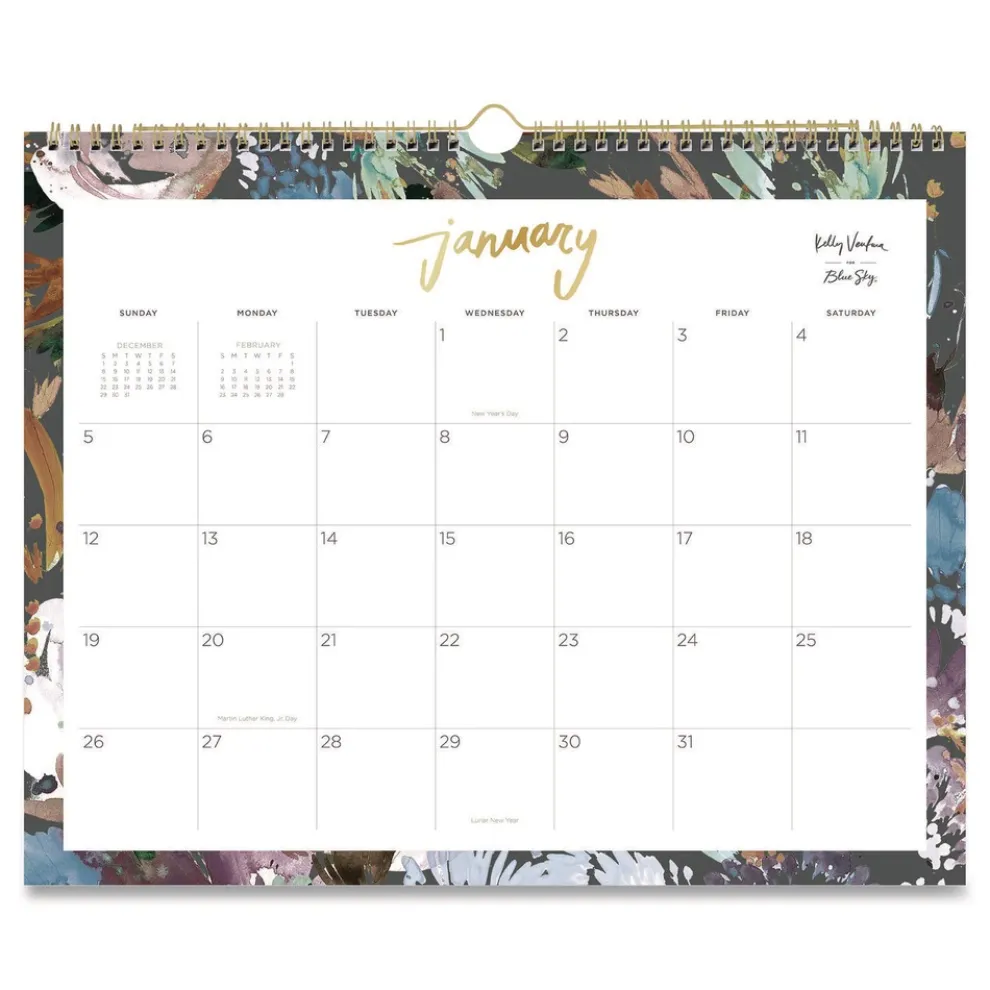 Blue Sky 15 in. x 12 in. 12-Month (Jan to Dec): 2026 Midnight Garden Monthly Wall Calendar - Floral Artwork, White/Multicolor Sheets