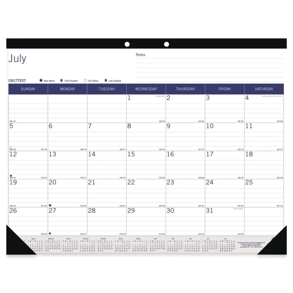 Blueline 22 in. x 17 in. 13-Month (Jul 2025-2026) DuraGlobe Academic Desk Pad Calendar - White/Blue/Gray Sheets/Black Headband