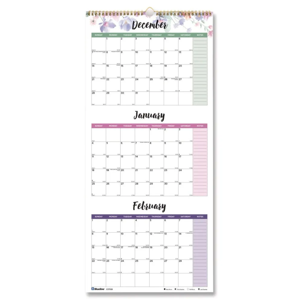 Blueline 14-Month: Dec 2025 to Jan 2027 12.2 in. x 27 in. Passion Floral Artwork 3-Month Quarterly Wall Calendar - White/Multicolor Sheets