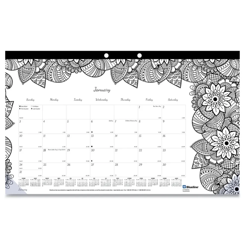 Blueline 12-Month (Jan to Dec): 2026 17.75 in. x 10.88 in. Monthly Coloring Artwork Desk Pad Calendar - Black Binding/Clear Corners