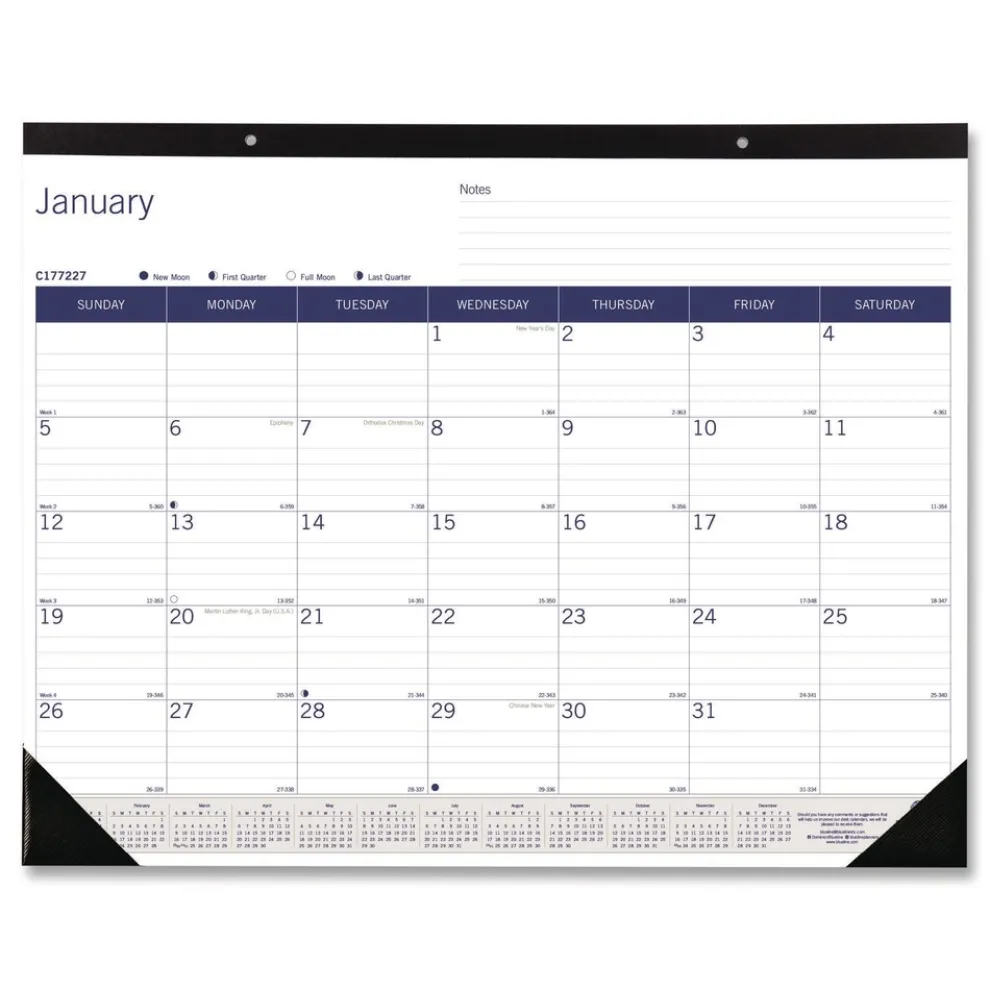 Blueline 12-Month (Jan to Dec): 2026 22 in. x 17 in. DuraGlobe Monthly Desk Pad Calendar - White/Blue/Gray Sheets, Black Binding/Corners