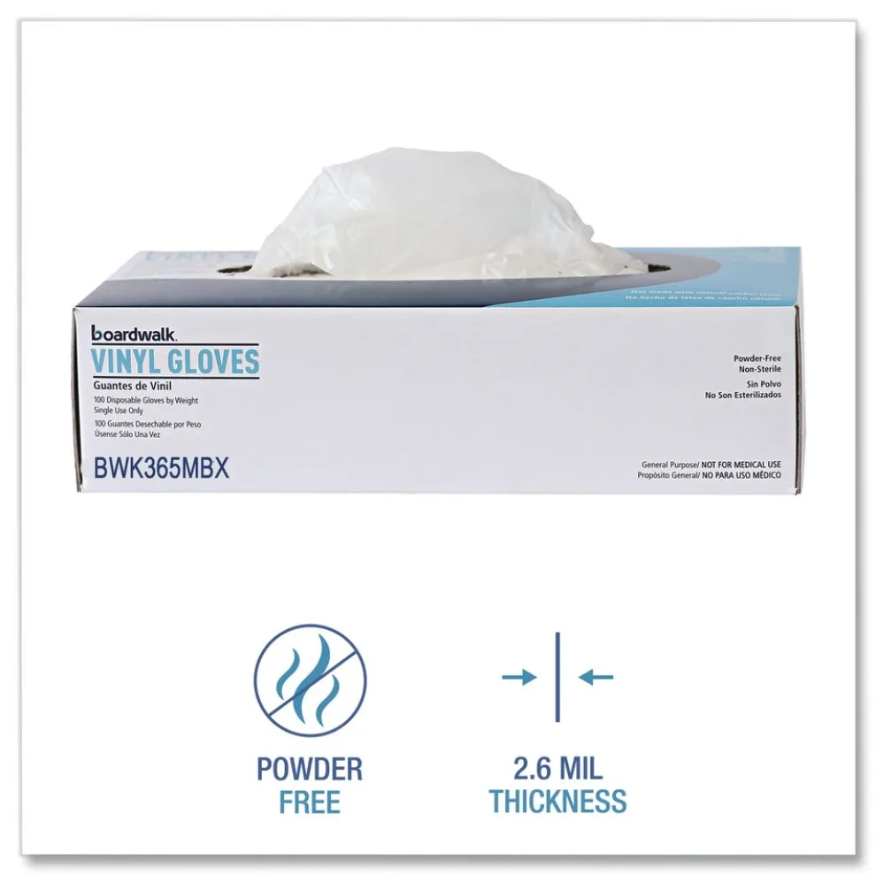 Boardwalk 2.6 mil 13 in. Long Powder-Free General Purpose Vinyl Gloves - Medium, Clear (100/Box)