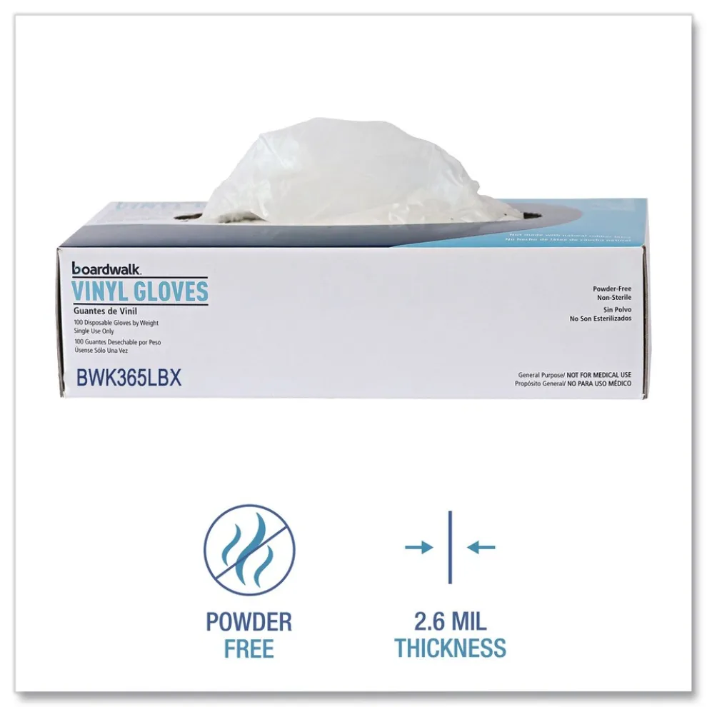 Boardwalk 2.6 mil 9.5 in. Long Powder-Free General Purpose Vinyl Gloves - Large, Clear (100/Box, 10 Boxes/Carton)