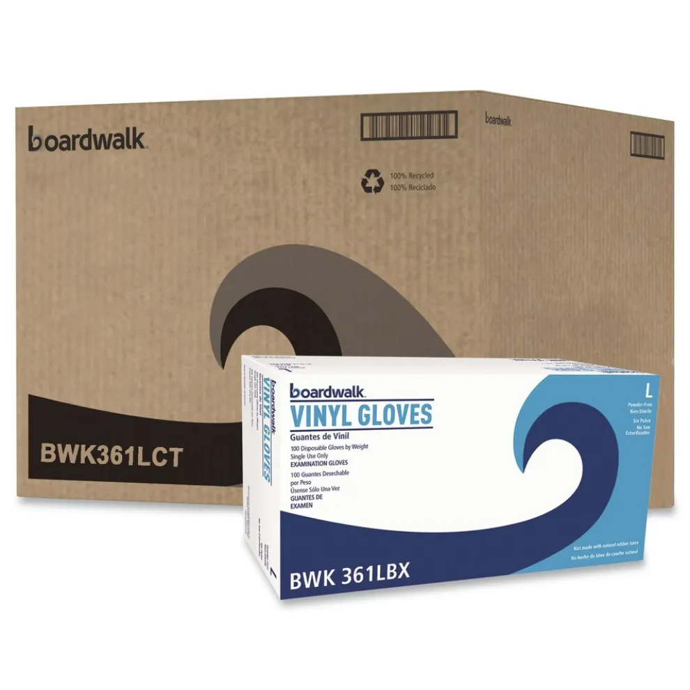 Boardwalk 3.6 mil Thick 9.5 in. Long Powder-Free Exam Vinyl Gloves - Large, Clear (100/Box, 10 Boxes/Carton)