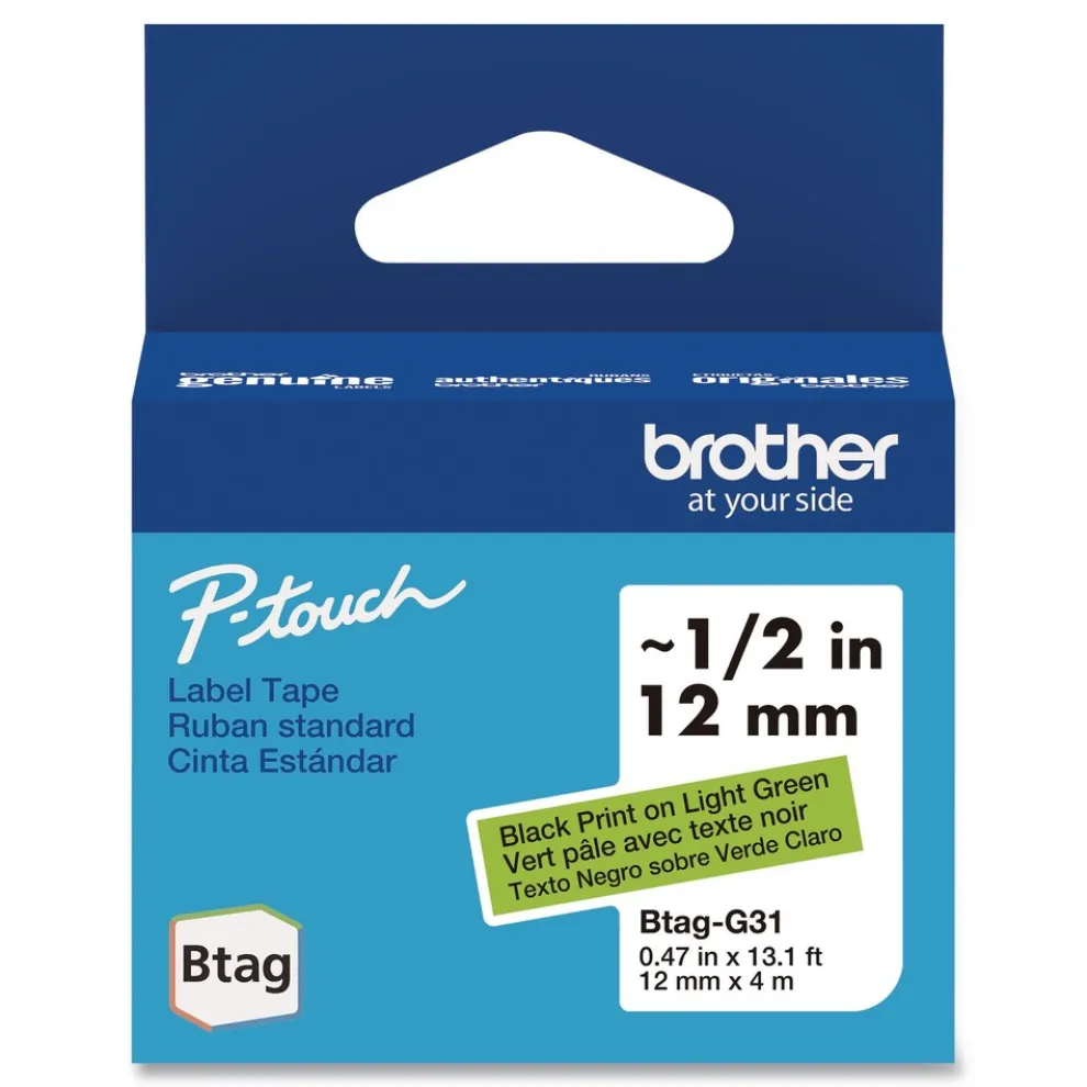 Brother P-Touch 0.47 in. x 13.1 ft. Genuine P-Touch BTAG Label Tapes - Black on Light Green