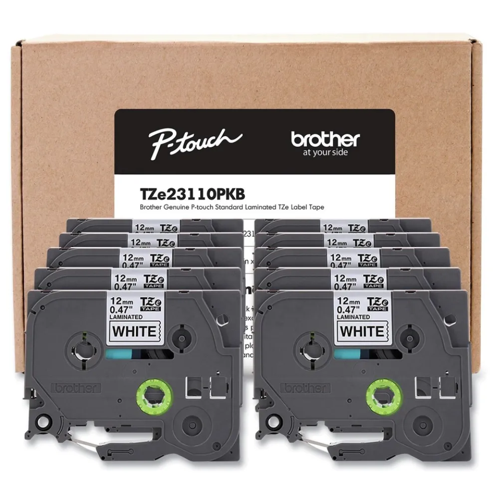 Brother P-Touch 0.5 in. TZe Series Standard Adhesive Laminated Labeling Tape - Black on White (10/Pack)