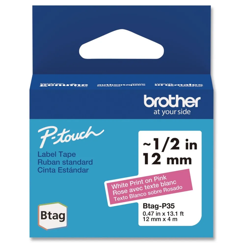Brother P-Touch 0.47 in. x 13.1 ft. Genuine P-Touch BTAG Label Tapes - White on Pink