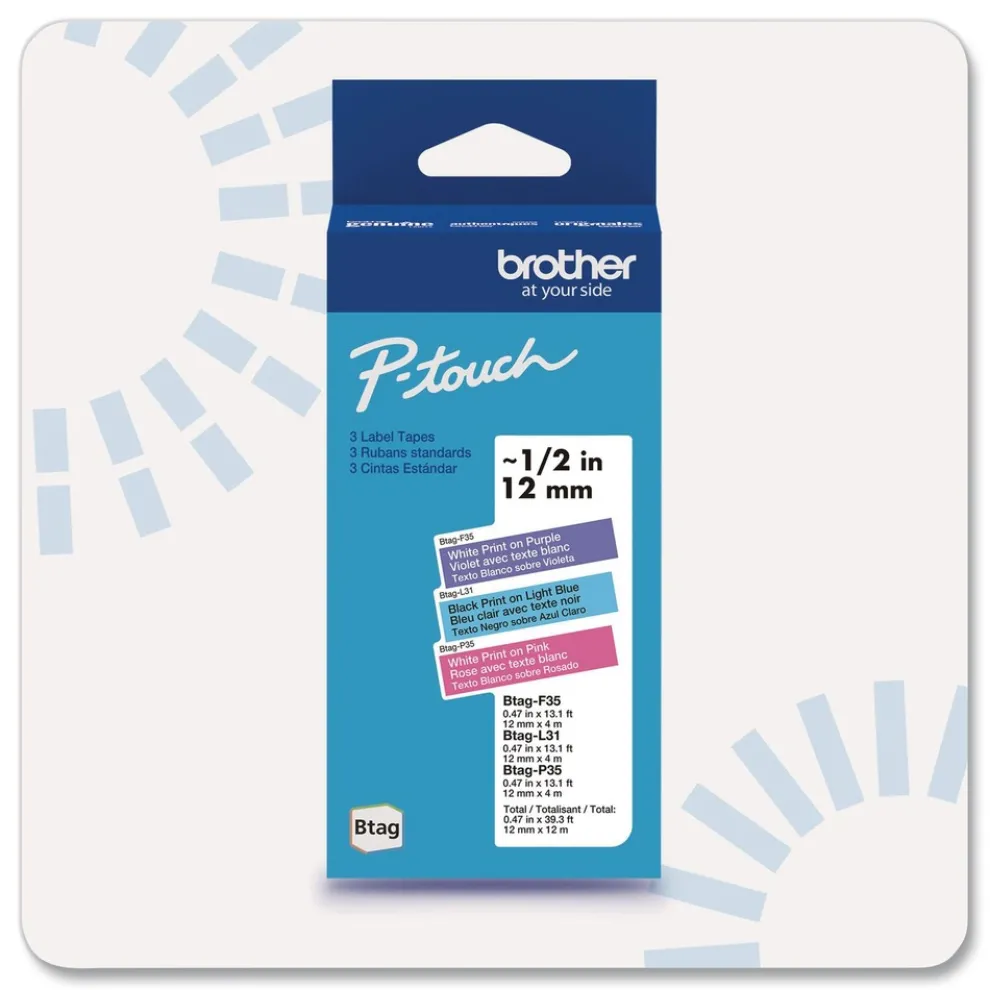 Brother P-Touch 0.47 in. x 13.1 ft. Genuine P-Touch BTAG Label Tapes - White on Purple, Black on Light Blue, White on Pink