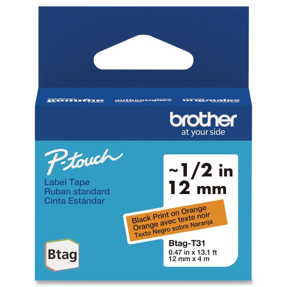 Brother P-Touch 0.47 in. x 13.1 ft. Genuine P-Touch BTAG Label Tapes - Black on Orange