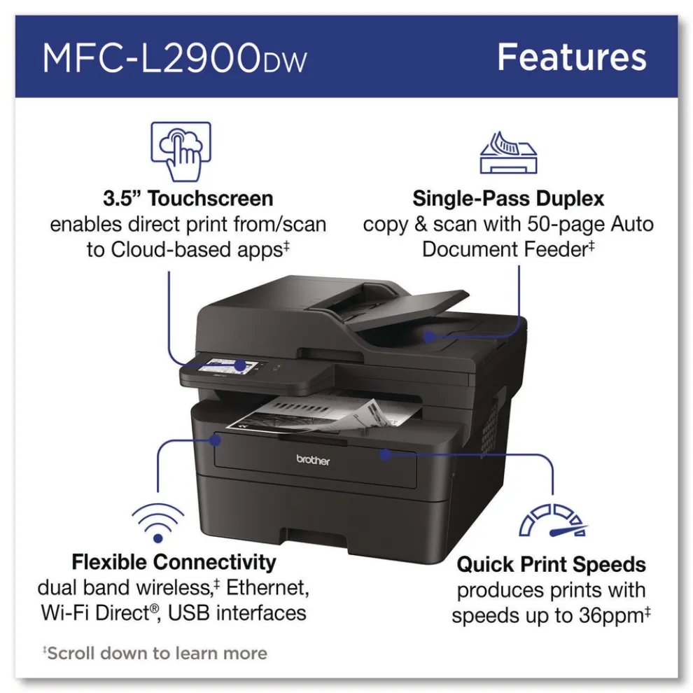 Brother Wireless MFC-L2900DW Compact Monochrome AIO Laser Printer Copy/Fax/Print/Scan