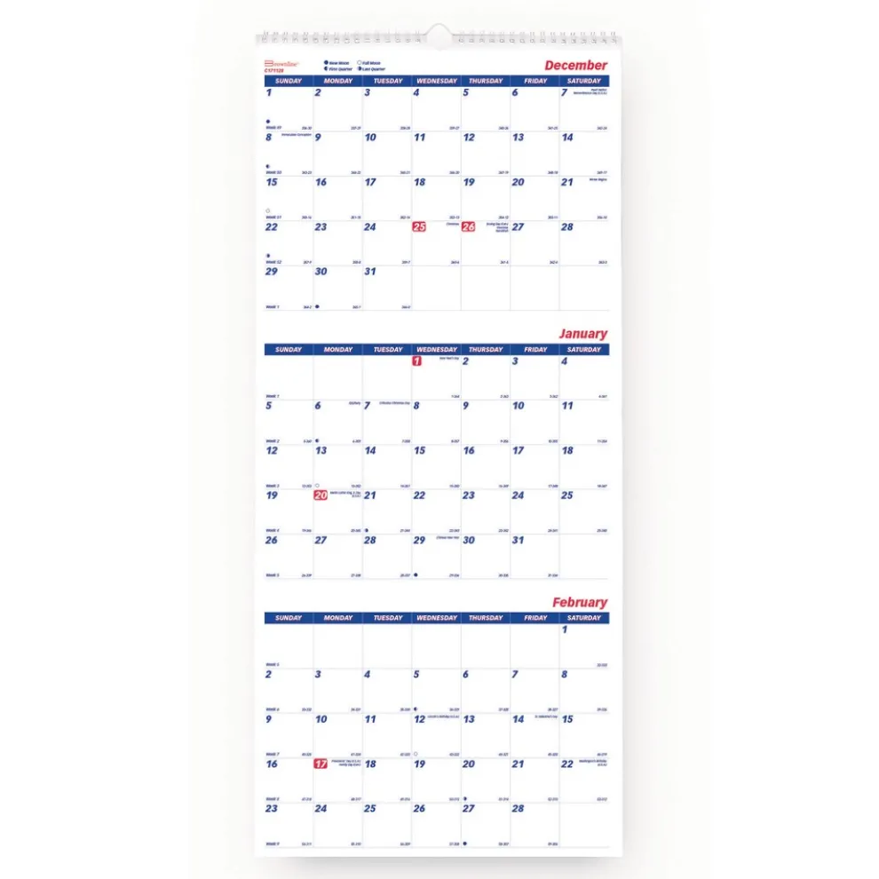Brownline 14-Month: Dec 2025 to Jan 2027 12.25 in. x 27 in. Three-Month Wall Calendar - White/Blue Sheets