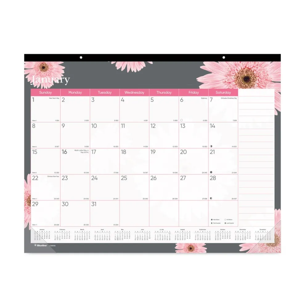 Brownline 12-Month (Jan to Dec): 2026 22 in. x 17 in. Pink Daisy Artwork Monthly Desk Pad Calendar - Pink/White Sheets, Black Binding