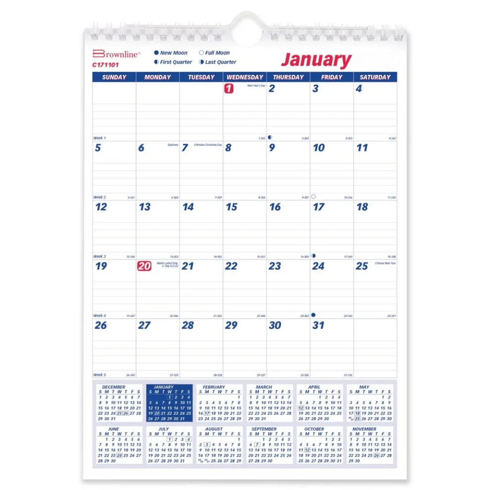 Brownline 12-Month (Jan to Dec): 2026 8 in. x 11 in. One Month Per Page Twin-Wirebound Wall Calendar - White/Blue Sheets