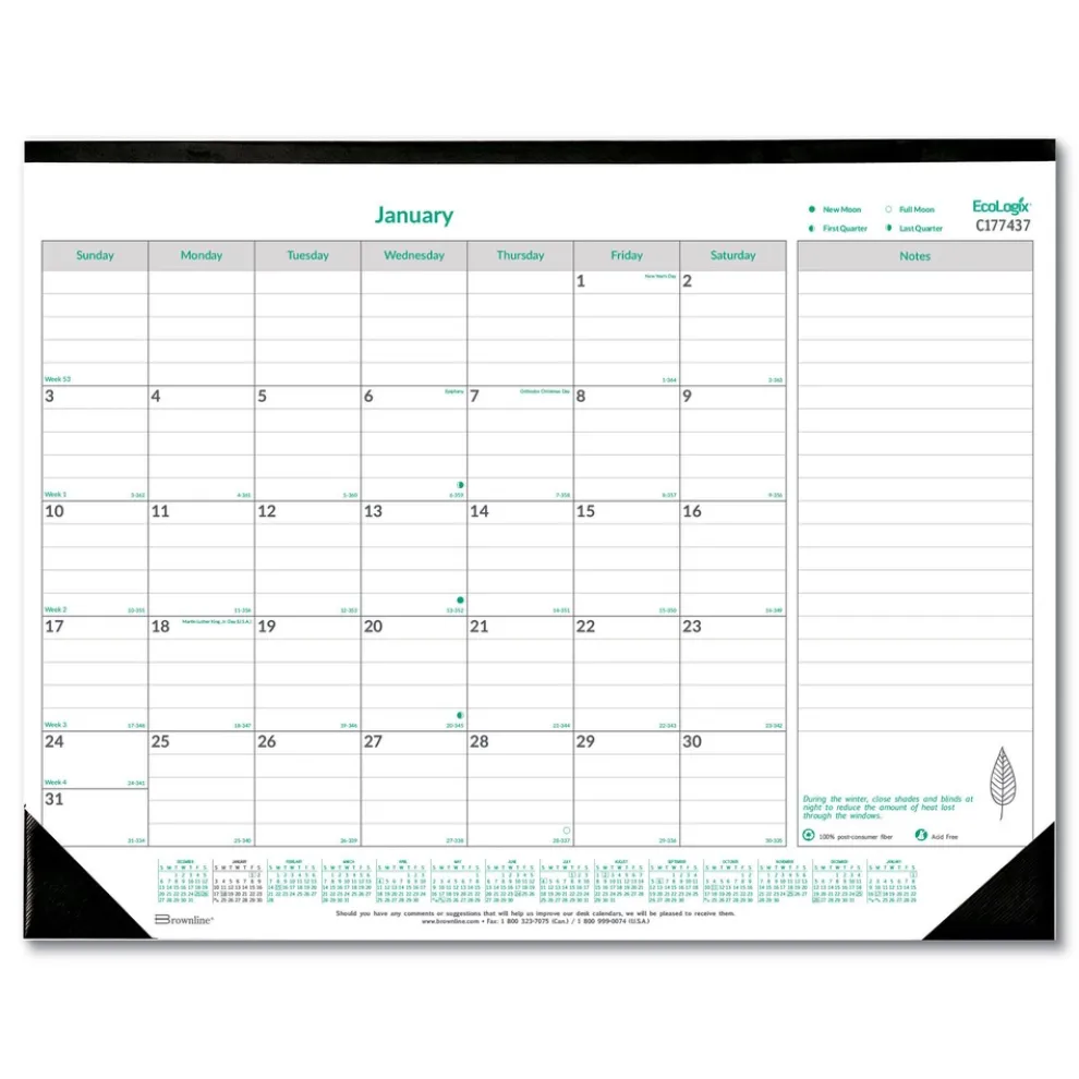 Brownline 12-Month (Jan-Dec): 2026 22 in. x 17 in. EcoLogix Artwork Monthly Desk Pad Calendar - White/Green Sheets, Black Binding/Corners