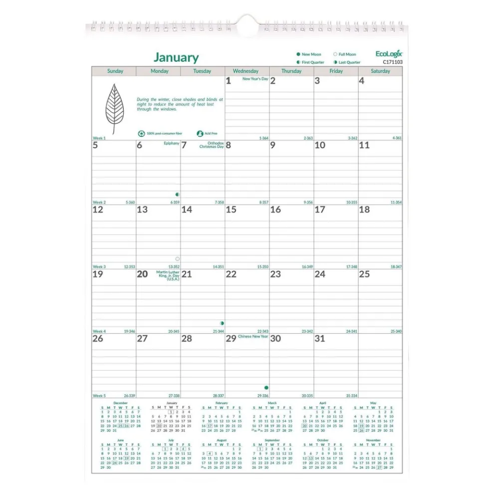 Brownline 12-Month (Jan to Dec): 2026 12 in. x 17 in. EcoLogix Artwork Monthly Wall Calendar - White/Green Sheets