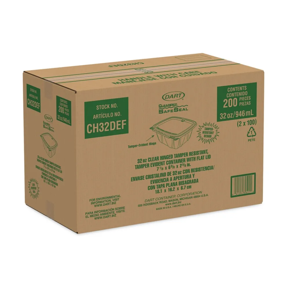 Dart CH32DEF ClearPac SafeSeal 32 oz. Tamper-Resistant/Evident Flat-Lid Containers - Clear (100/Bag, 2 Bags/Carton)