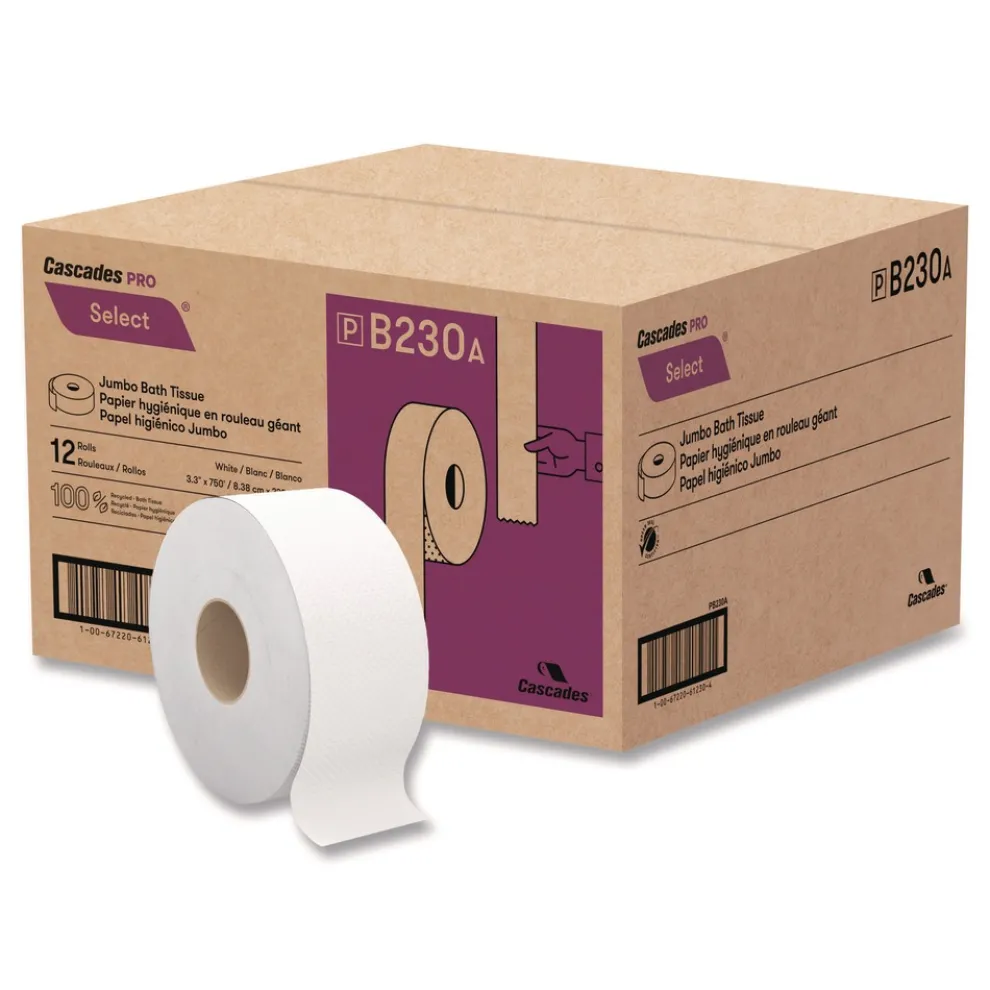 Cascades PRO 3.3 in. x 750 ft. 2-Ply Septic Safe Select Jumbo Bath Tissue - White (12/Carton)