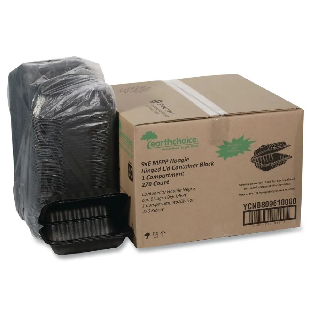 Pactiv Corp. EarthChoice 9 in. x 6 in. x 3.25 in. Plastic SmartLock Microwavable MFPP Hinged Lid Container - Black (270/Carton)