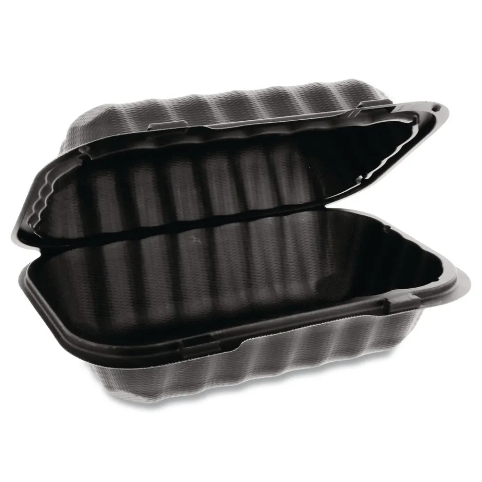 Pactiv Corp. EarthChoice 9 in. x 6 in. x 3.25 in. Plastic SmartLock Microwavable MFPP Hinged Lid Container - Black (270/Carton)