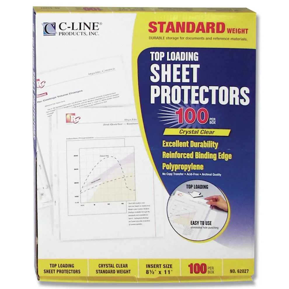 C-Line 3-Hole Punched Top Load 8.5 in. x 11 in. Insert Medium-Duty Standard Weight Polypropylene Sheet Protectors - Clear (100/Box)
