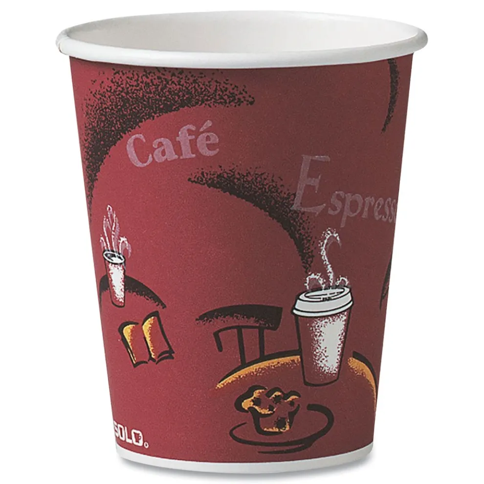 SOLO 10 oz. Paper Hot Drink Cups in Bistro Design - Maroon (1000/Carton)