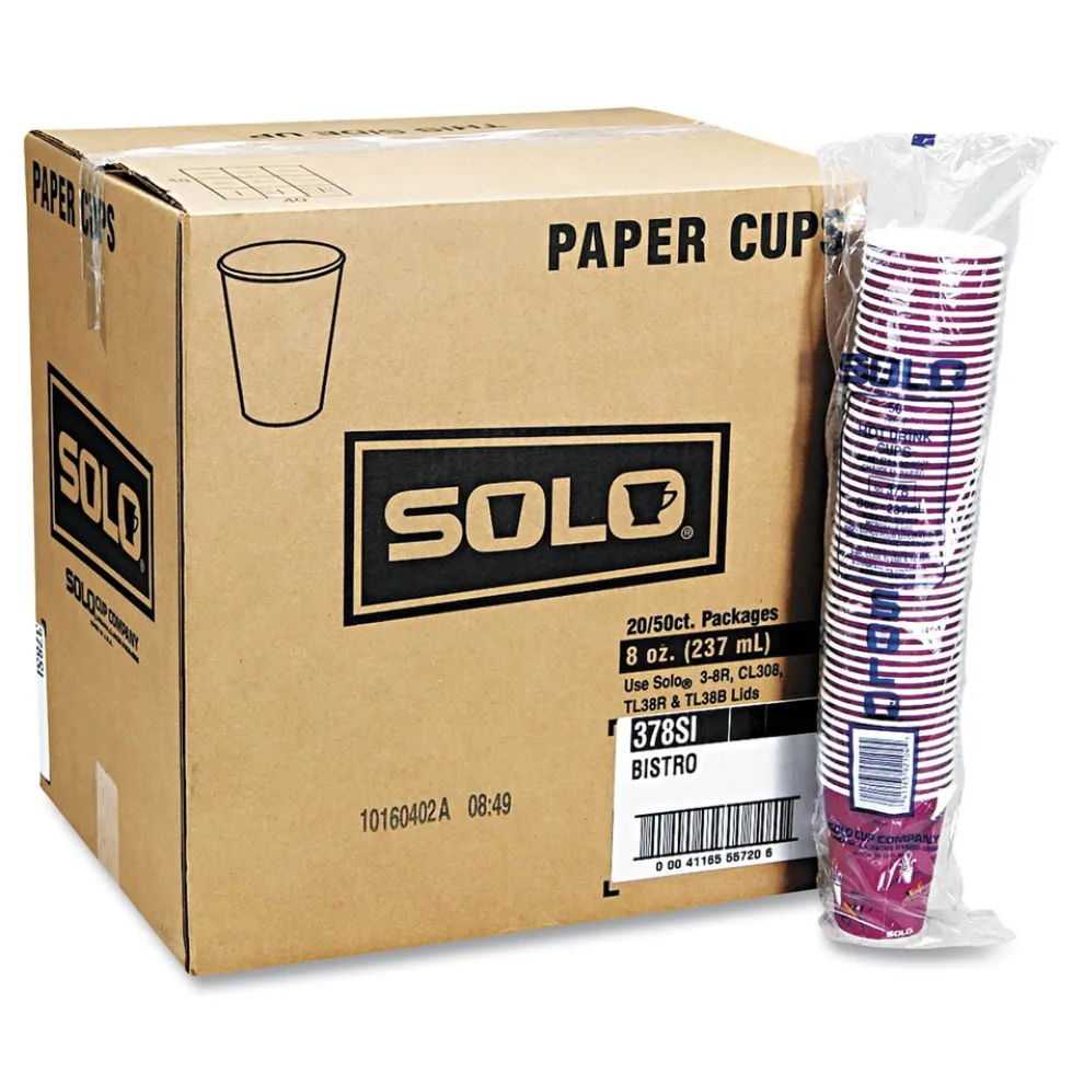SOLO 10 oz. Paper Hot Drink Cups in Bistro Design - Maroon (1000/Carton)