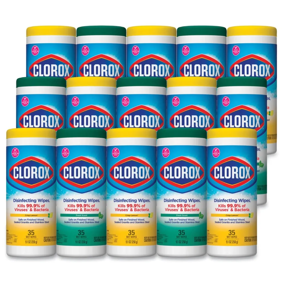 Clorox 7 in. x 8 in. 1-Ply Disinfecting Wipes - Fresh Scent/Citrus Blend (35/Canister, 3/Pack, 5 Packs/Carton)