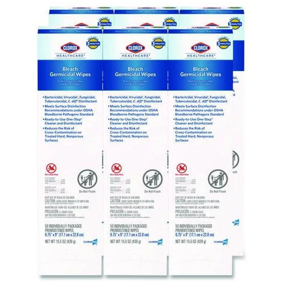 Clorox Healthcare 6.75 in. x 9 in. 1-Ply Individual Bleach Germicidal Wipes - Unscented White (6/Carton)