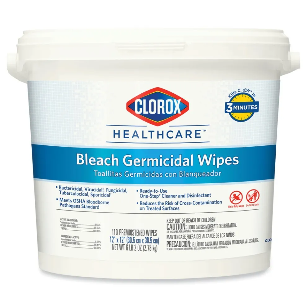 Clorox Healthcare 12 in. x 12 in. 1-Ply Bleach Germicidal Wipes - Unscented, White (110/Bucket)