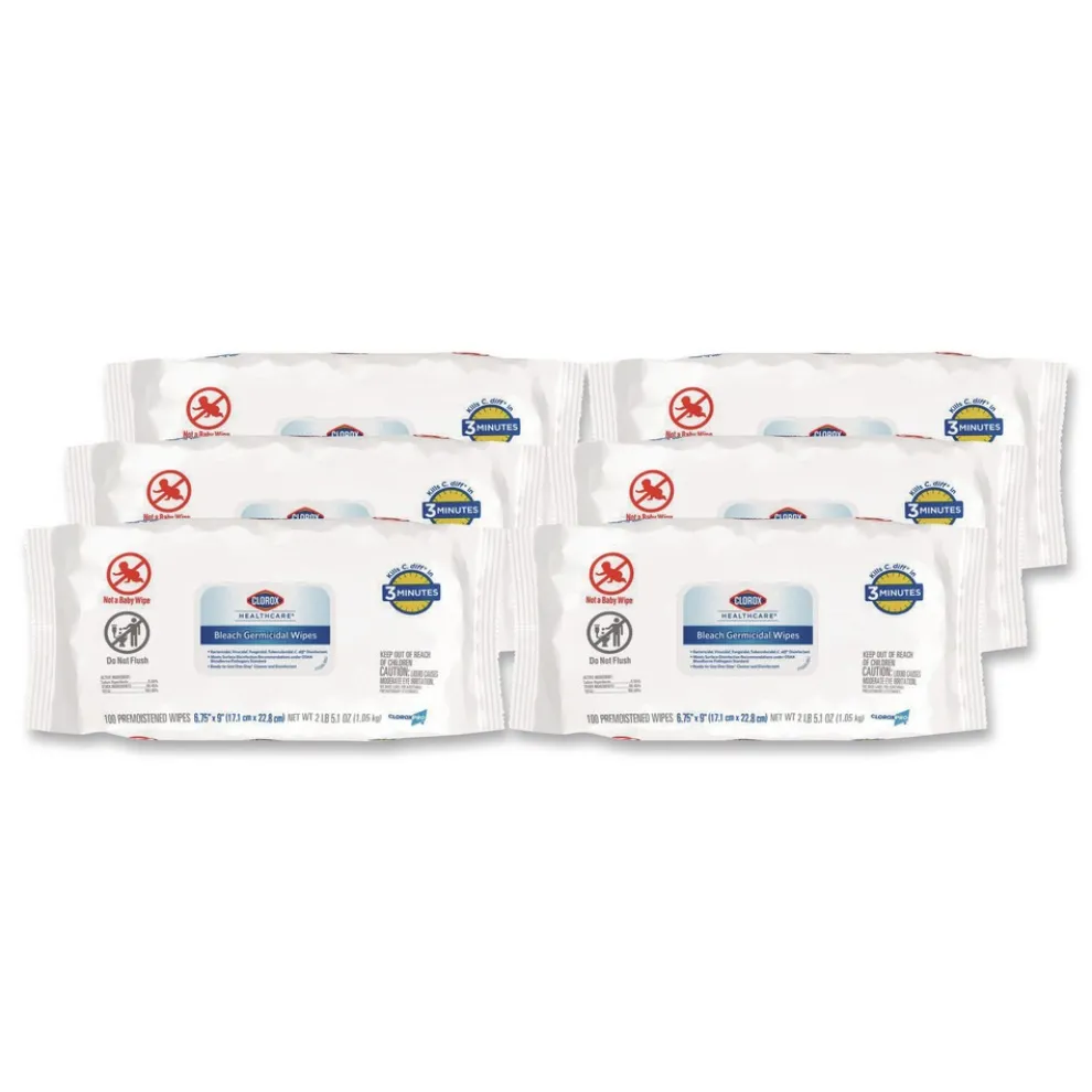 Clorox Healthcare 32621 6.75 in. x 9 in. 1-Ply Bleach Germicidal Disinfectant Wipes - Unscented/White (6/Carton)