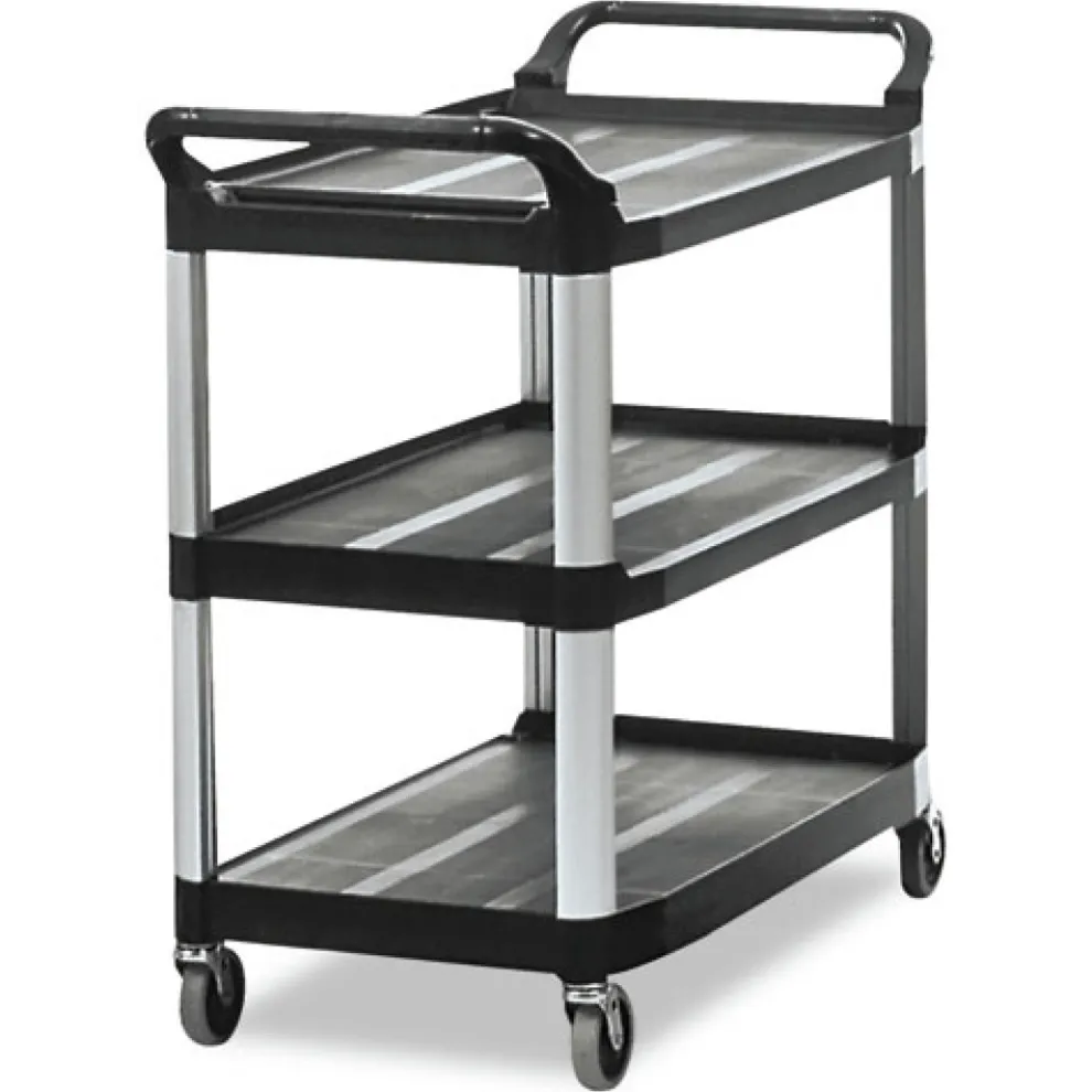 Rubbermaid Commercial 40.63 in. x 20 in. x 37.81 in. 300 lbs. Capacity 3 Shelves Plastic Xtra Utility Cart with Open Sides - Black