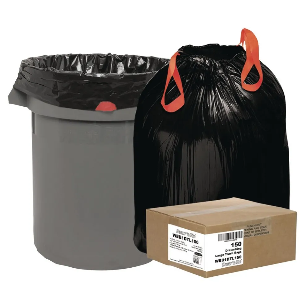 Draw 'n Tie Drawstring 33 Gallon 1.2 mil 33.5 in. x 38 in. Heavy-Duty Trash Bags - Black (150/Box)