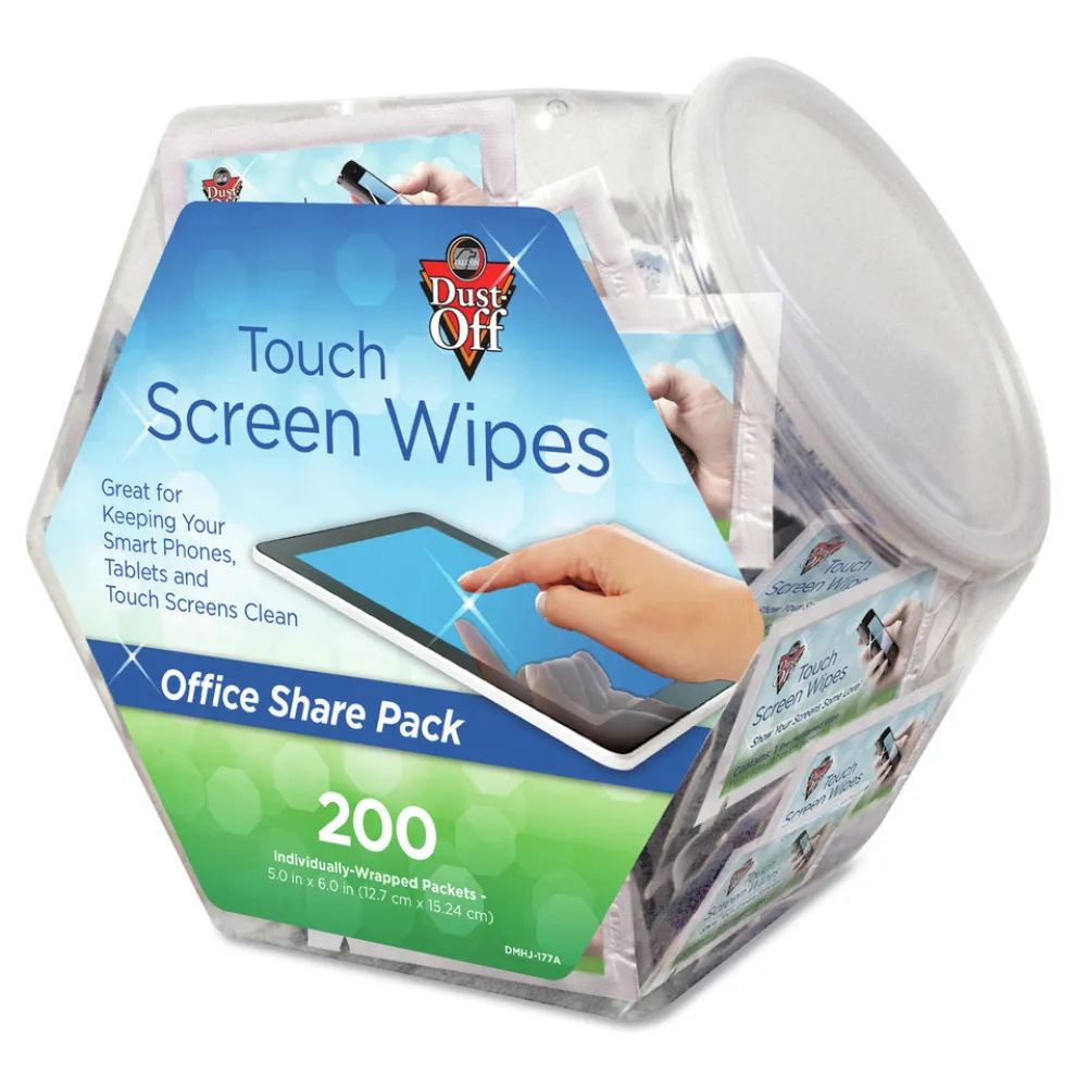 Dust-Off 1 Jar, 200 Individual 5 in. x 7-3/4 in. Touch Screen Wipe Packets