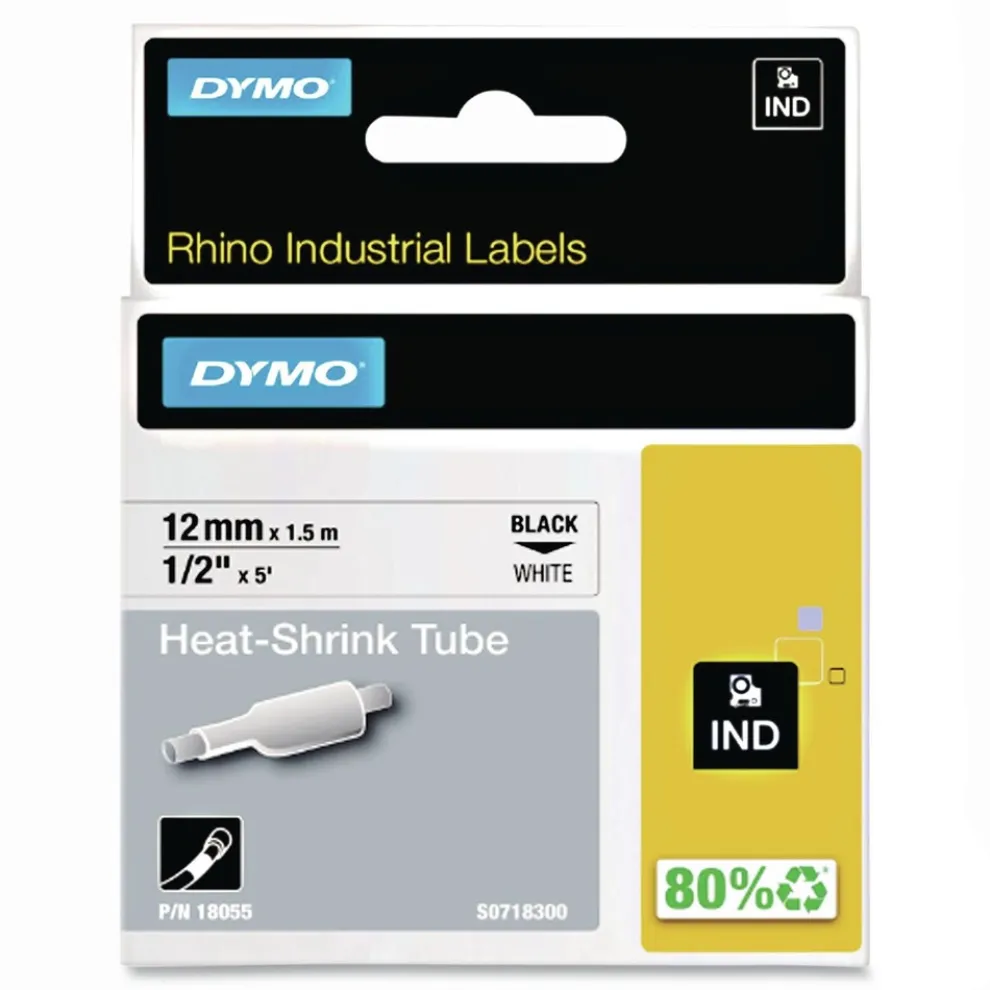 DYMO 0.5 in. x 5 ft. Rhino Heat Shrink Tubes Industrial Label Tape - White/Black Print (1-Roll)
