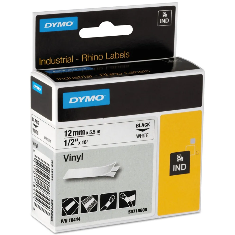 DYMO 0.5 in. x 18 ft. Rhino Permanent Vinyl Industrial Label Tape - White/Black Print