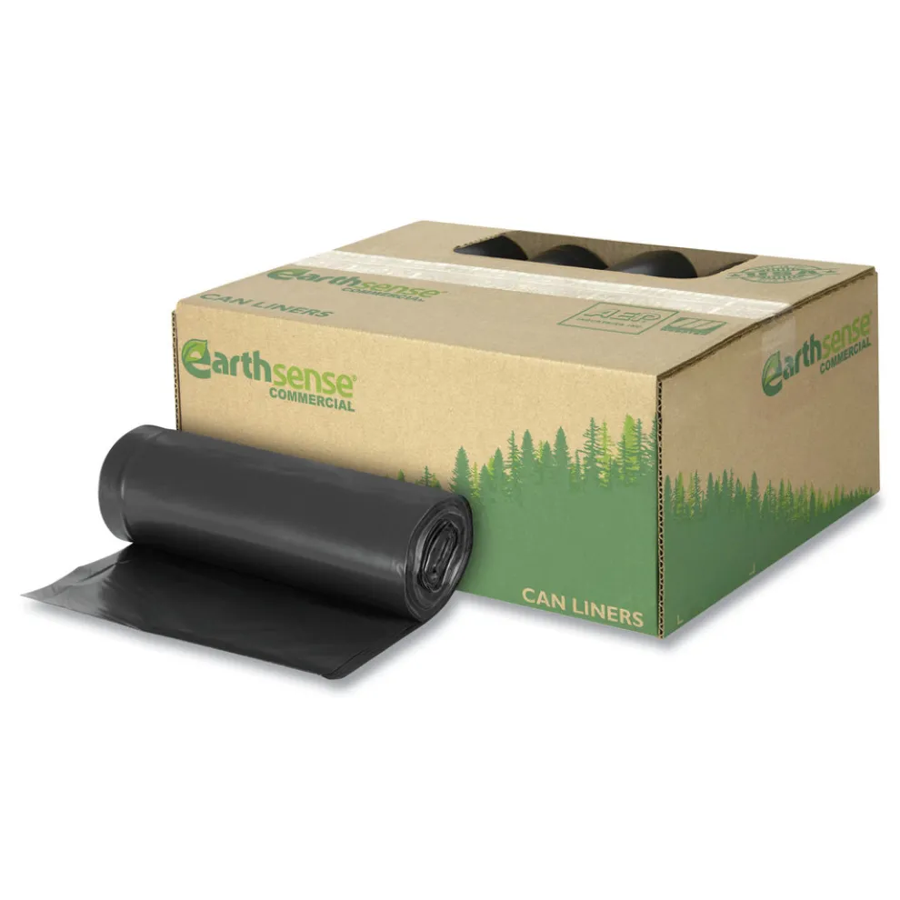 Earthsense Commercial 38 in. x 58 in. 1.25 mil 60 Gallon Linear Low Density Recycled Can Liners - Black (100/Carton)