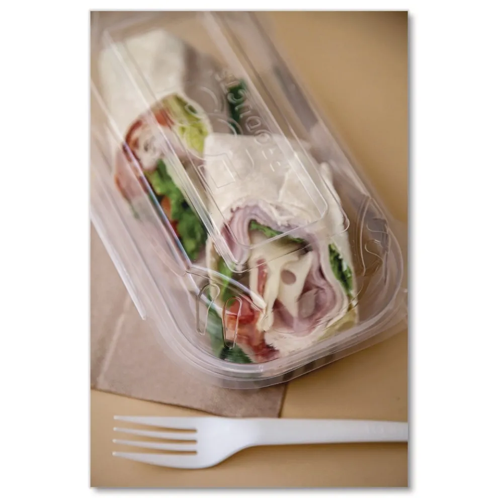 Eco-Products 9 in. x 6 in. x 3 in. Renewable and Compostable Plastic Clamshell Hinged Food Containers - Clear (240/Carton)