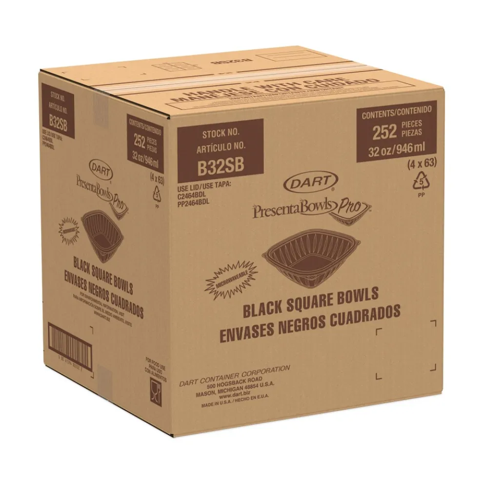 Dart PresentaBowls Pro 8.5 in. x 8.5 in. x 2 in. 32 oz. Plastic Square Bowls - Black (4/Carton)