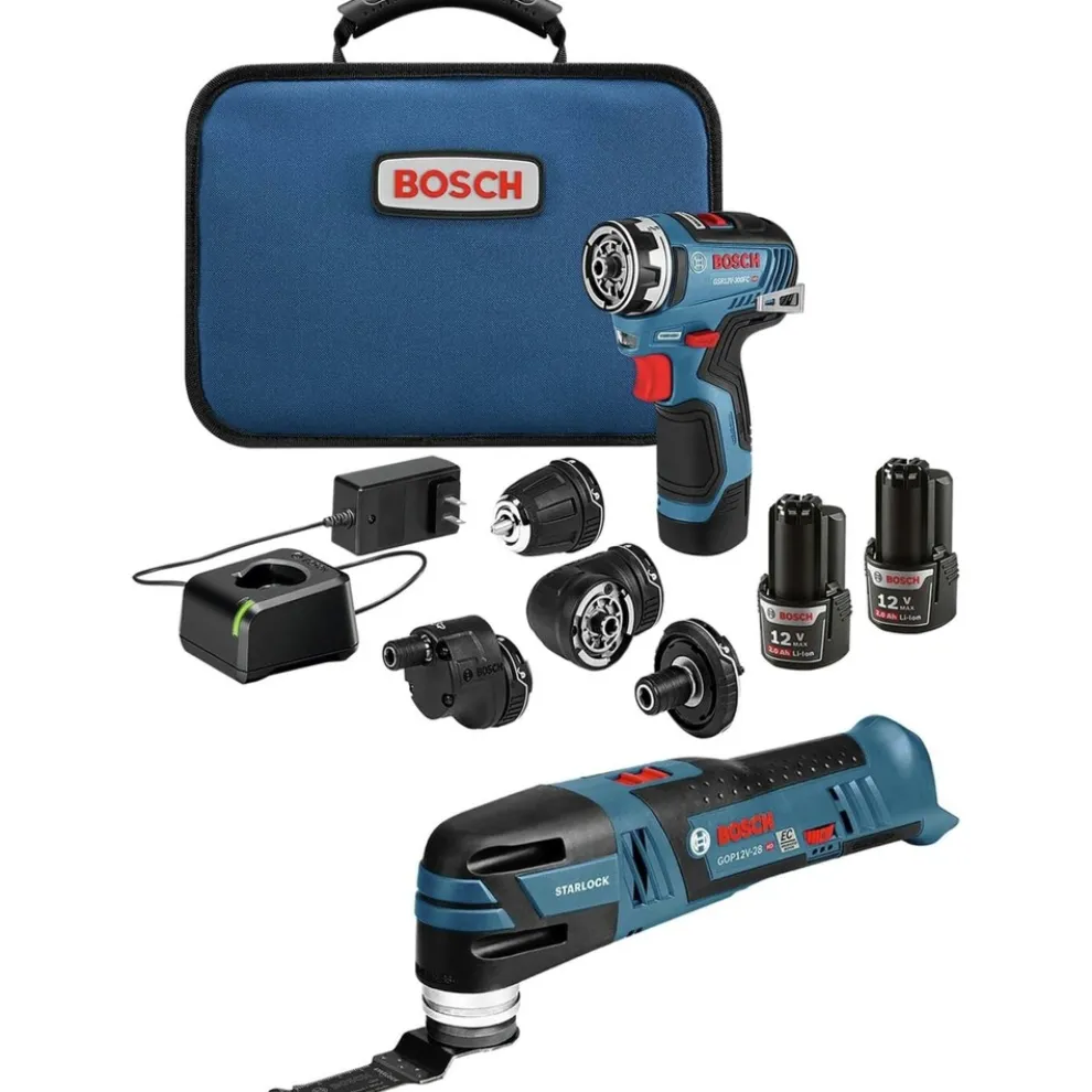 Factory Reconditioned Bosch 12V MAX Brushless Lithium-Ion Cordless Starlock Oscillating Multi-Tool and Chameleon Drill Driver with 5-in-1 Flexiclick System Combo Kit