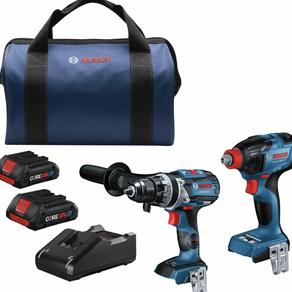 Factory Reconditioned Bosch 18V Brushless Lithium-Ion 1/4 in. and 1/2 in. Cordless Bit/Socket Impact Driver/Wrench and Hammer Drill Driver Combo Kit with 2 Batteries (4 Ah)