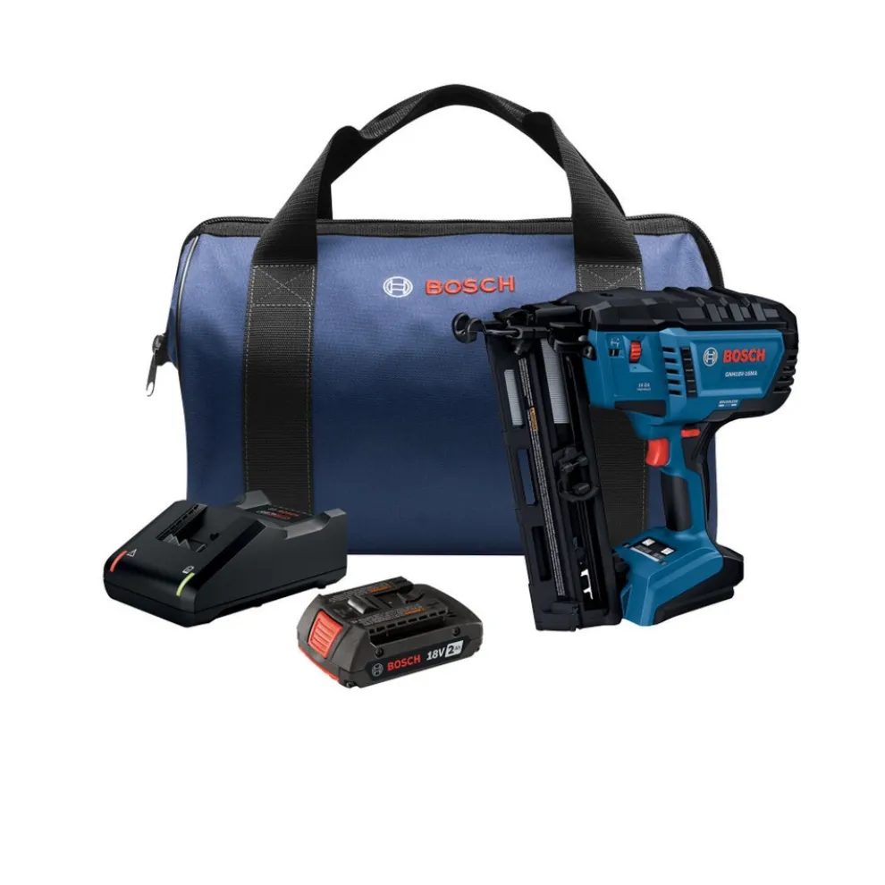 Factory Reconditioned Bosch 18V Lithium-Ion Brushless 16-Gauge Cordless Angled Finish Nailer Kit (2 Ah)