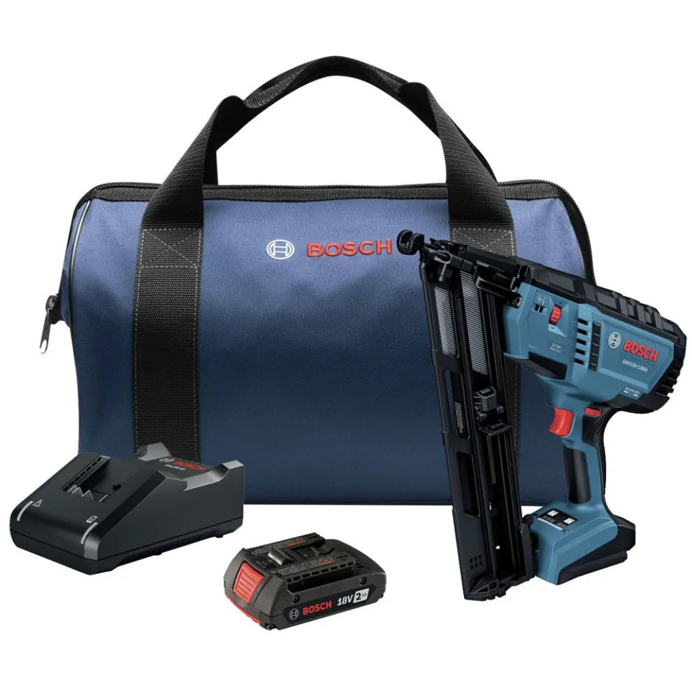 Factory Reconditioned Bosch 18V Lithium-Ion Brushless 15-Gauge Cordless Angled Finish Nailer Kit (2 Ah)