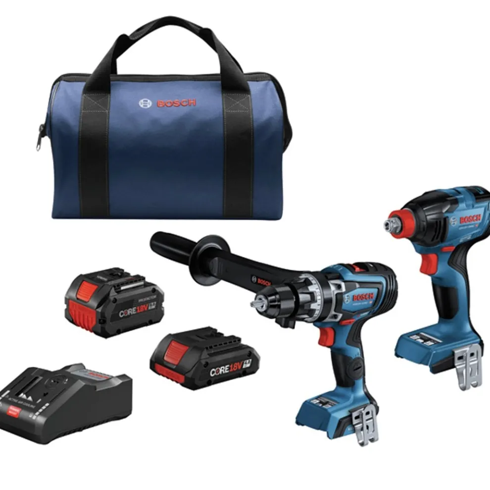 Factory Reconditioned Bosch 18V Brushless Lithium-Ion 1/2 in. Cordless Hammer Drill Driver and Bit/Socket Impact Driver/Wrench Combo Kit with 2 Batteries (8 Ah/4 Ah)