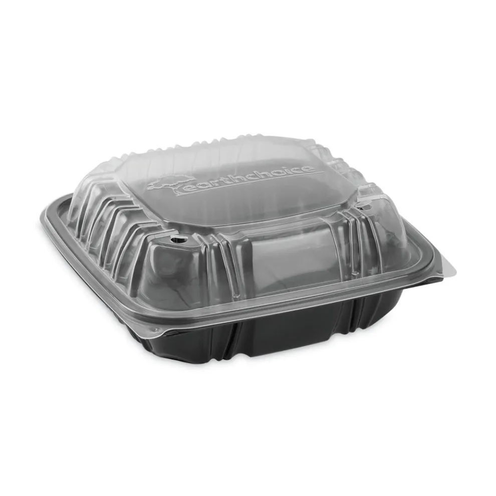 Pactiv Corp. 28 oz 7.5 x 7.5 x 3 EarthChoice Vented Dual Color Microwavable Plastic Hinged Lid Container - Black/Clear (150/Carton)
