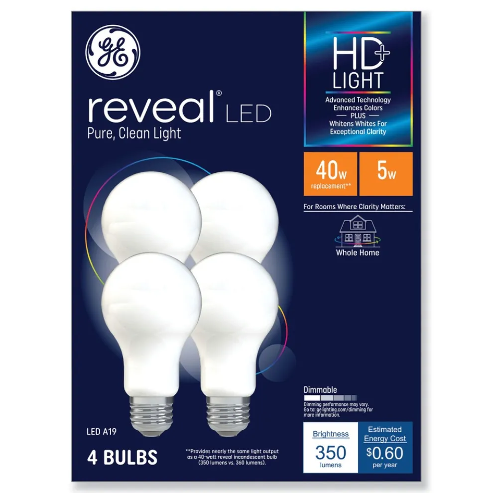 GE Reveal 5 Watts HDPlus LED A19 Light Bulb (4/Pack)