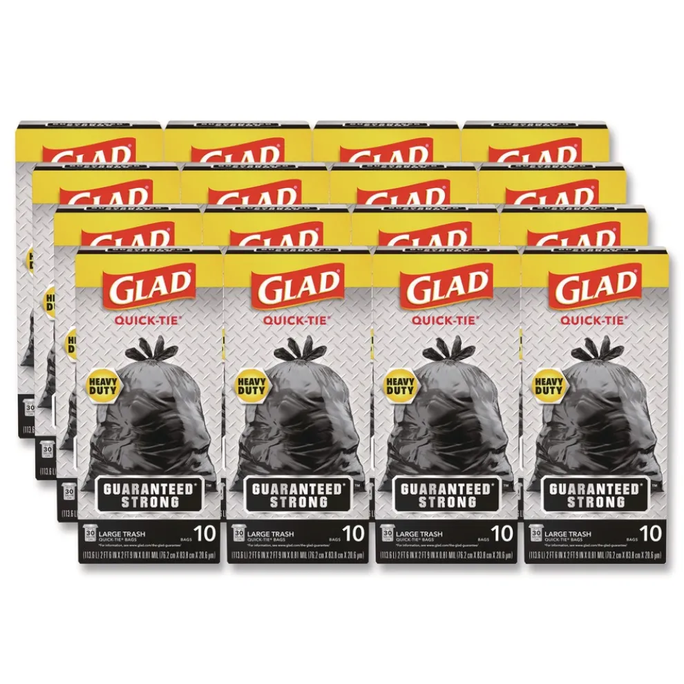 Glad 30 in. x 33 in. 30 gal. 0.81 mil Large Quick-Tie Trash Bags Tie-Flap - Black (10/Box 12 Boxes/Carton)