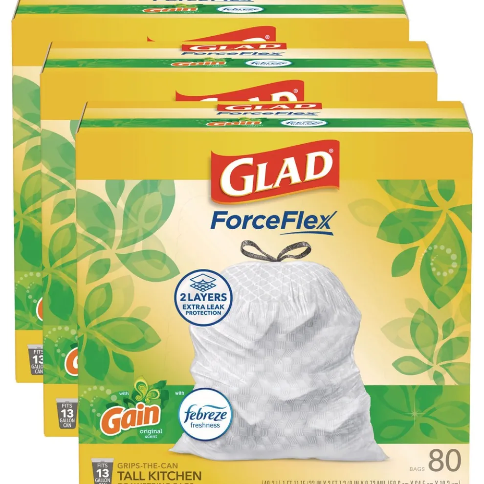 Glad ForceFlex 24 in. x 27.38 in. 13 Gallon Kitchen Drawstring Trash Bags - Gain Original Scent/White (240/Carton)