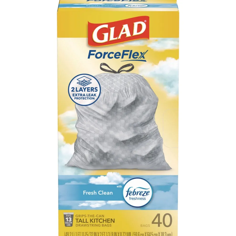 Glad ForceFlex 24 in. x 27.38 in. 13 Gallon Kitchen Drawstring Trash Bags - White Fresh Clean Scent (240/Carton)