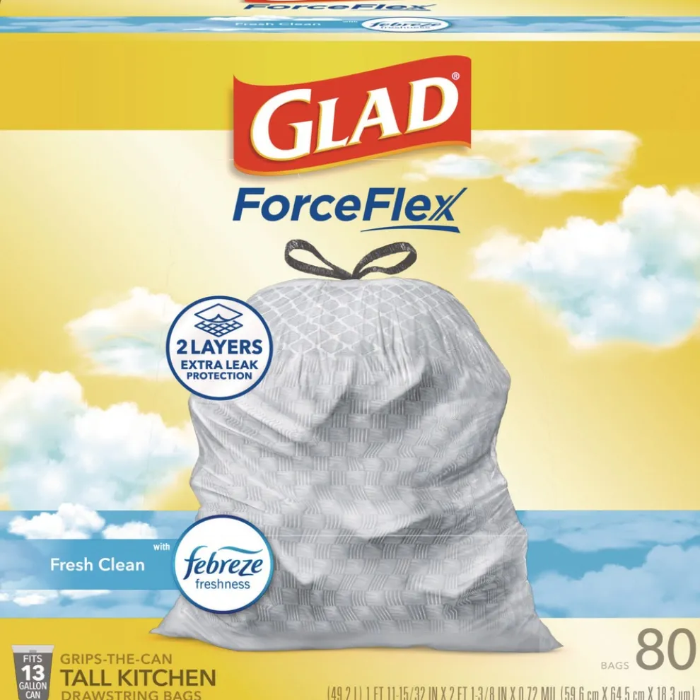 Glad ForceFlex 24 in. x 27.38 in. 13-Gallon Kitchen Drawstring Trash Bags - Gain Fresh Clean Scent White (80/Box)