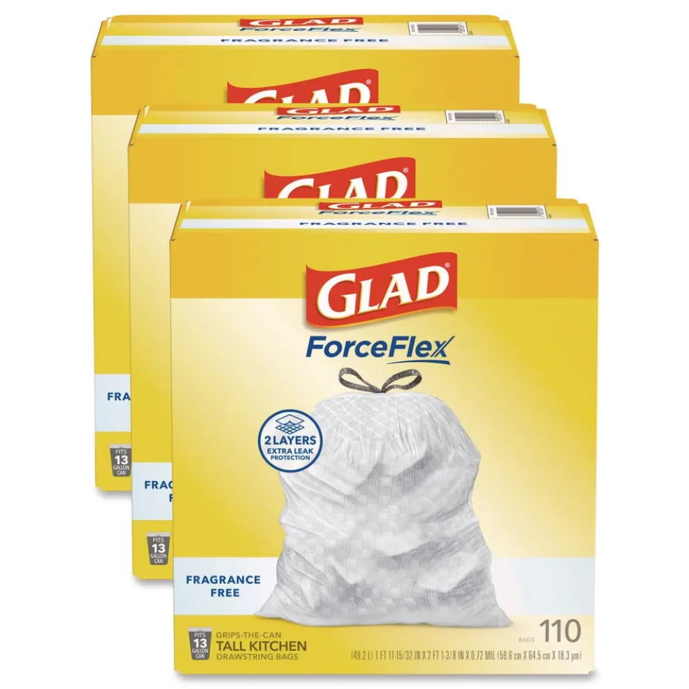 Glad ForceFlex Kitchen Drawstring Trash Bags, Drawstring, 13 gal, Unscented, 23.47 x 25.38, White, 110 Bags/Box, 3 Boxes/Carton